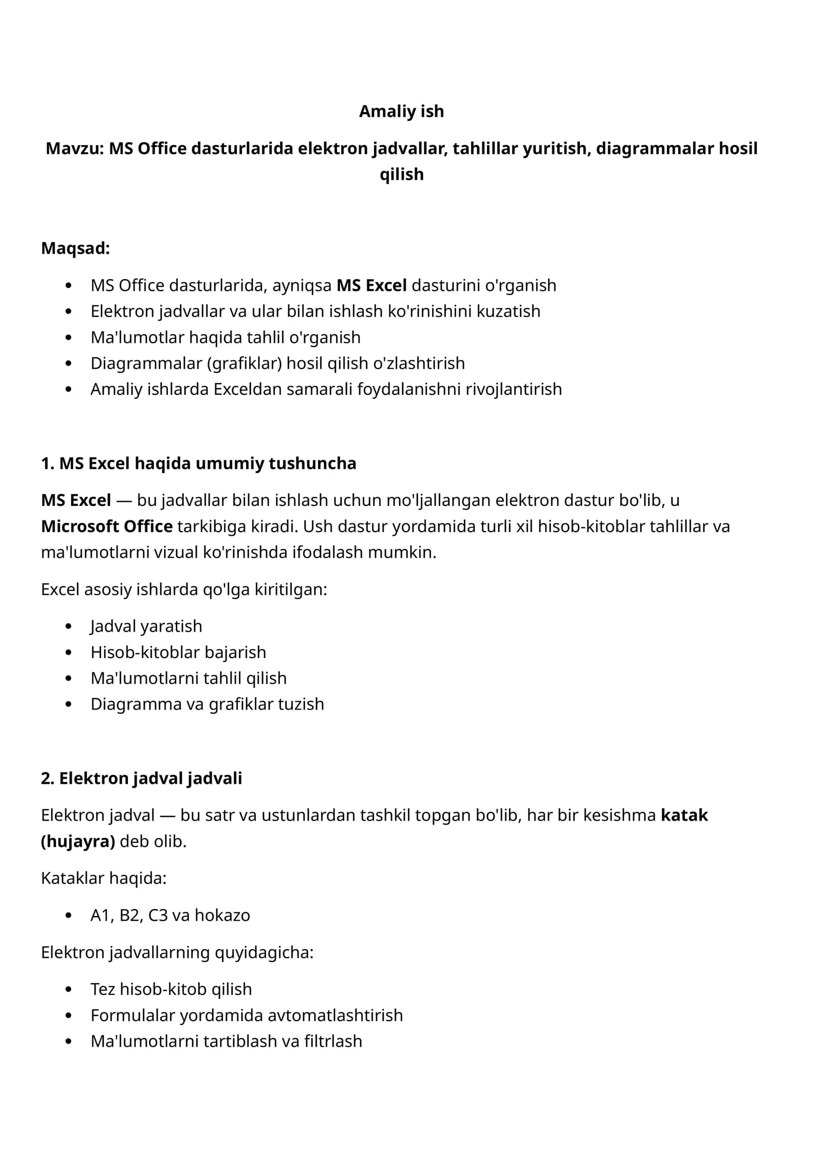 MS Office dasturlarida elektron jadvallar, tahlillar yuritish, diagrammalar hosil qilish