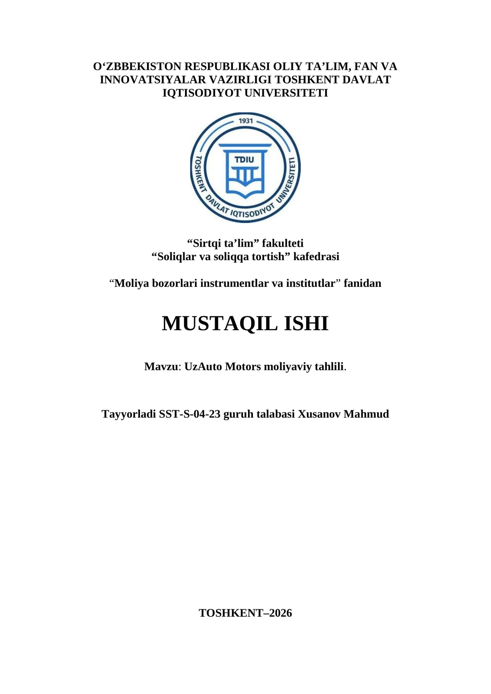 UzAuto Motors moliyaviy tahlili