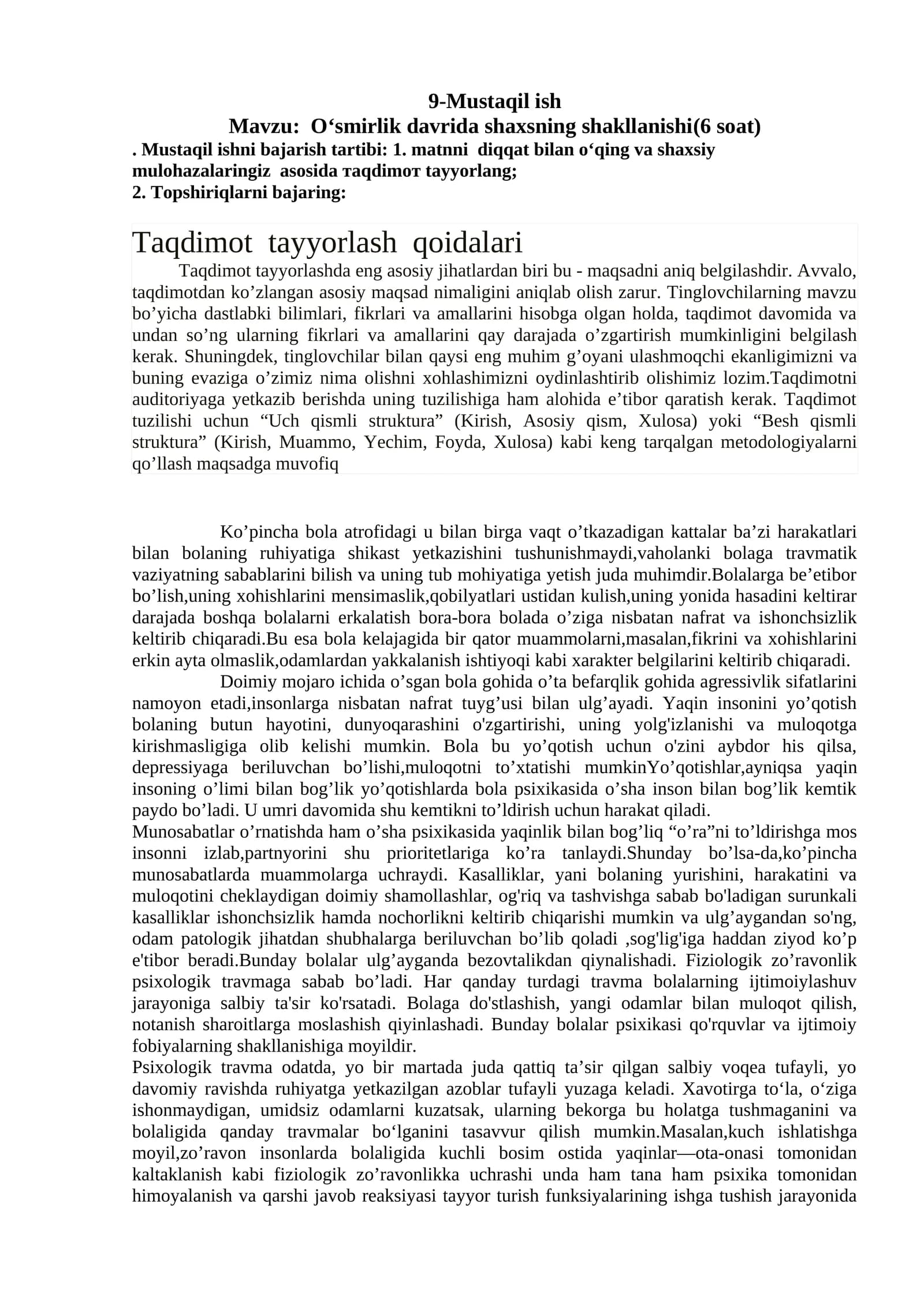 O‘smirlik davrida shaxsning shakllanishi