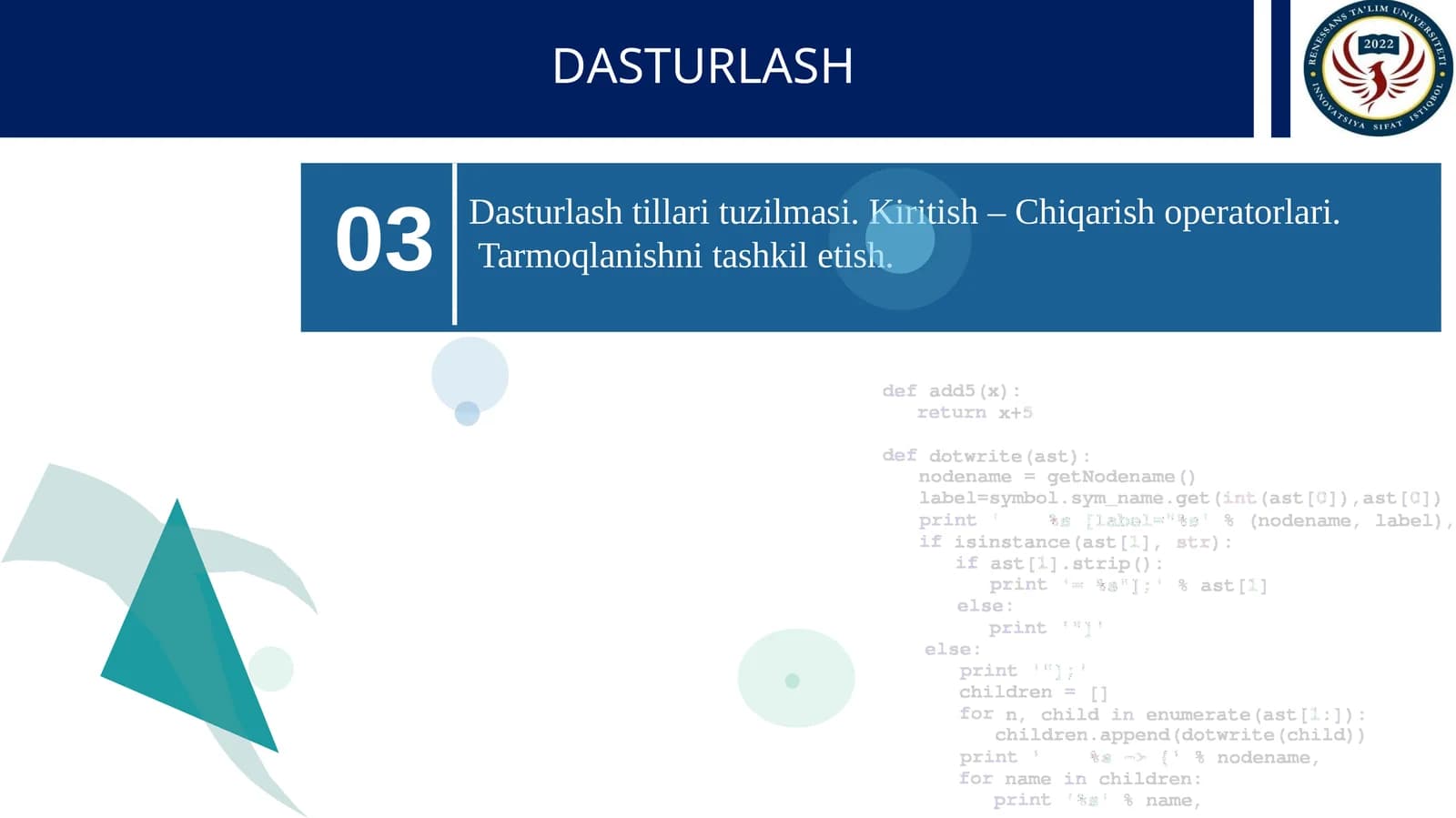 Dasturlash tillari tuzilmasi. Kiritish – Chiqarish operatorlari.  Tarmoqlanishni tashkil etish.