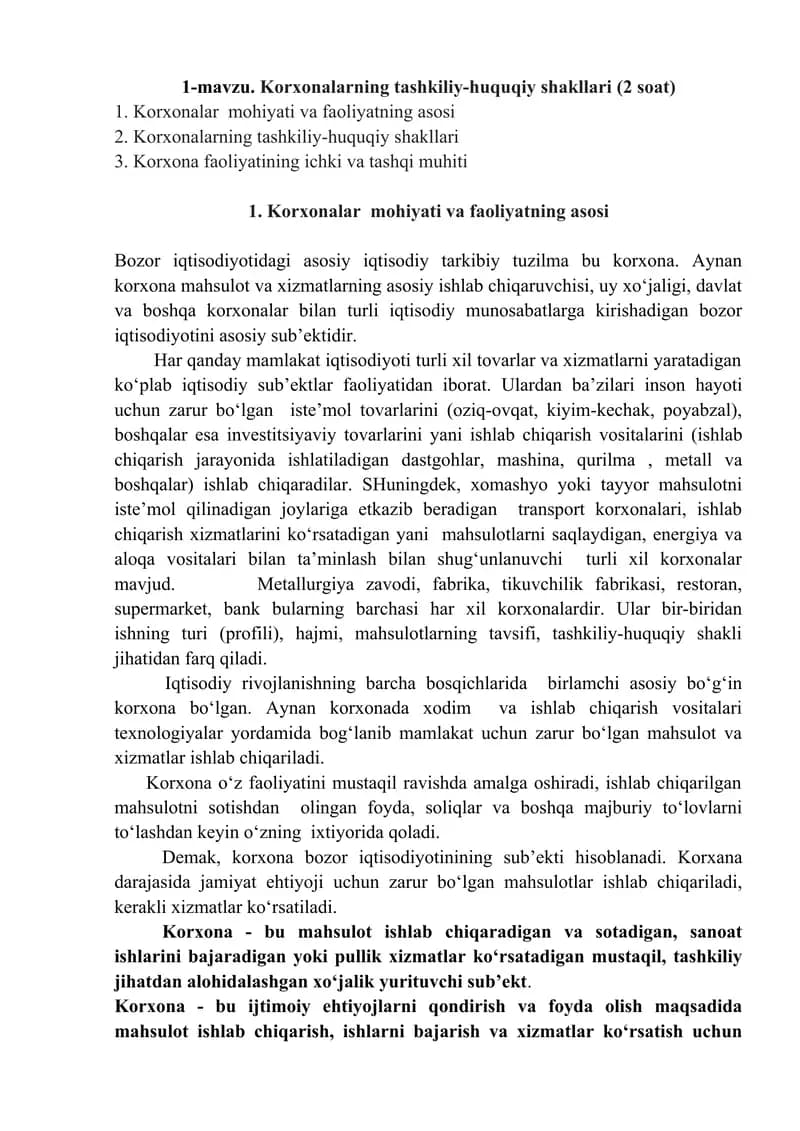 Korxonalarning tashkiliy-huquqiy shakllari