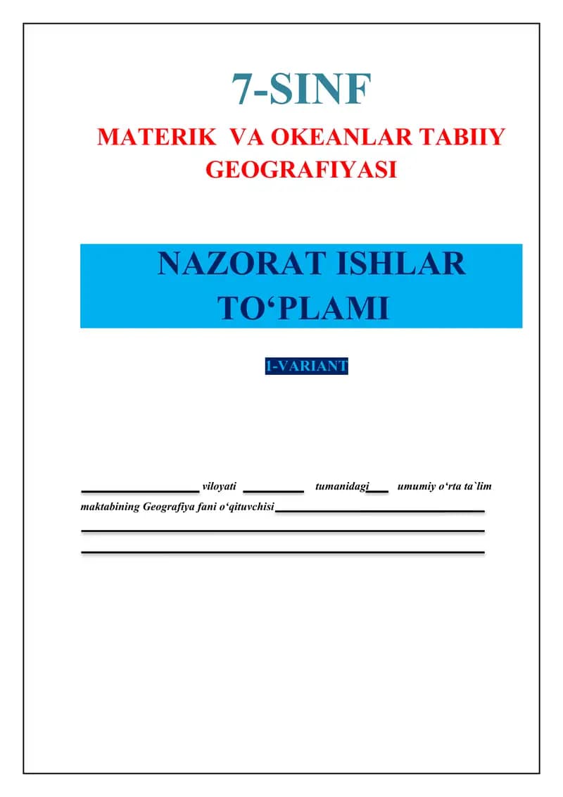 7-SINF. Nazorat ishi to`plami. 1-variant. Test