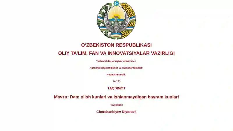 Dam olish kunlari va ishlanmaydigan bayram kunlari