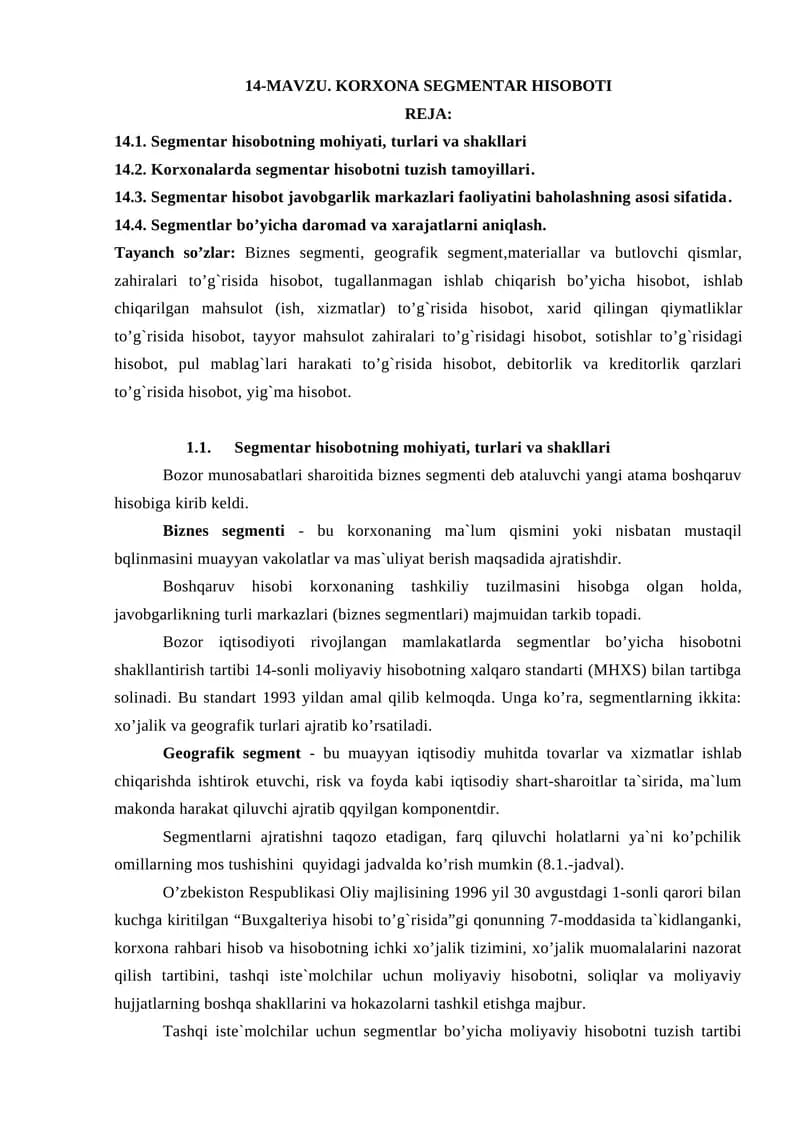 KORXONA SEGMENTAR HISOBOTI