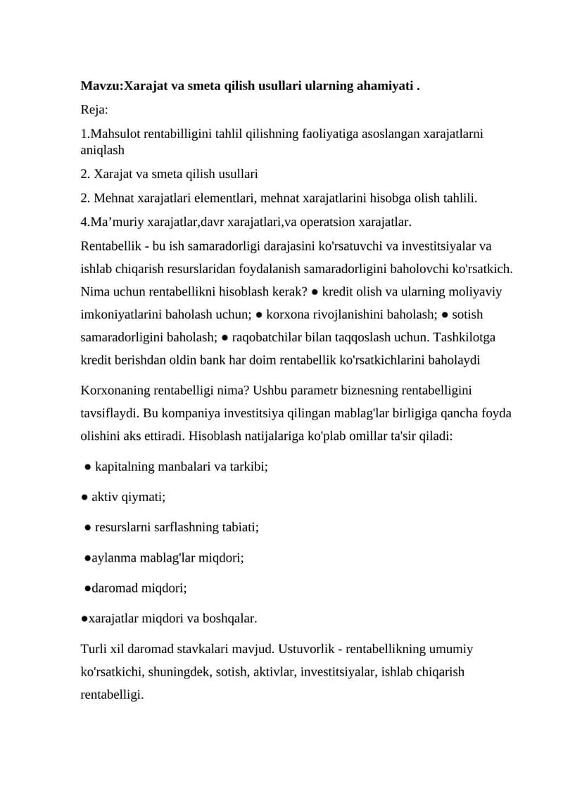 Xarajat va smeta qilish usullari ularning ahamiyati
