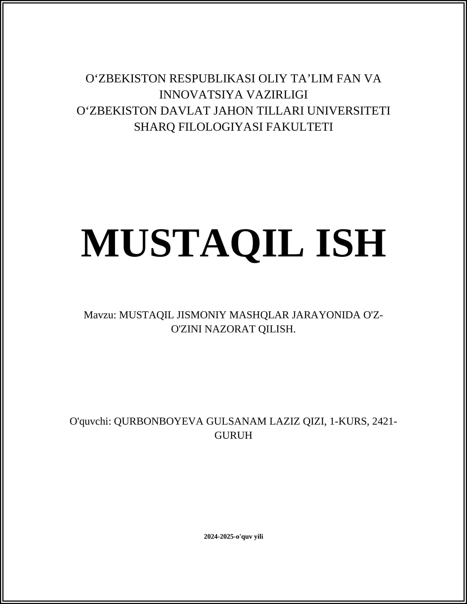 MUSTAQIL JISMONIY MASHQLAR JARAYONIDA O'Z-O'ZINI NAZORAT QILISH