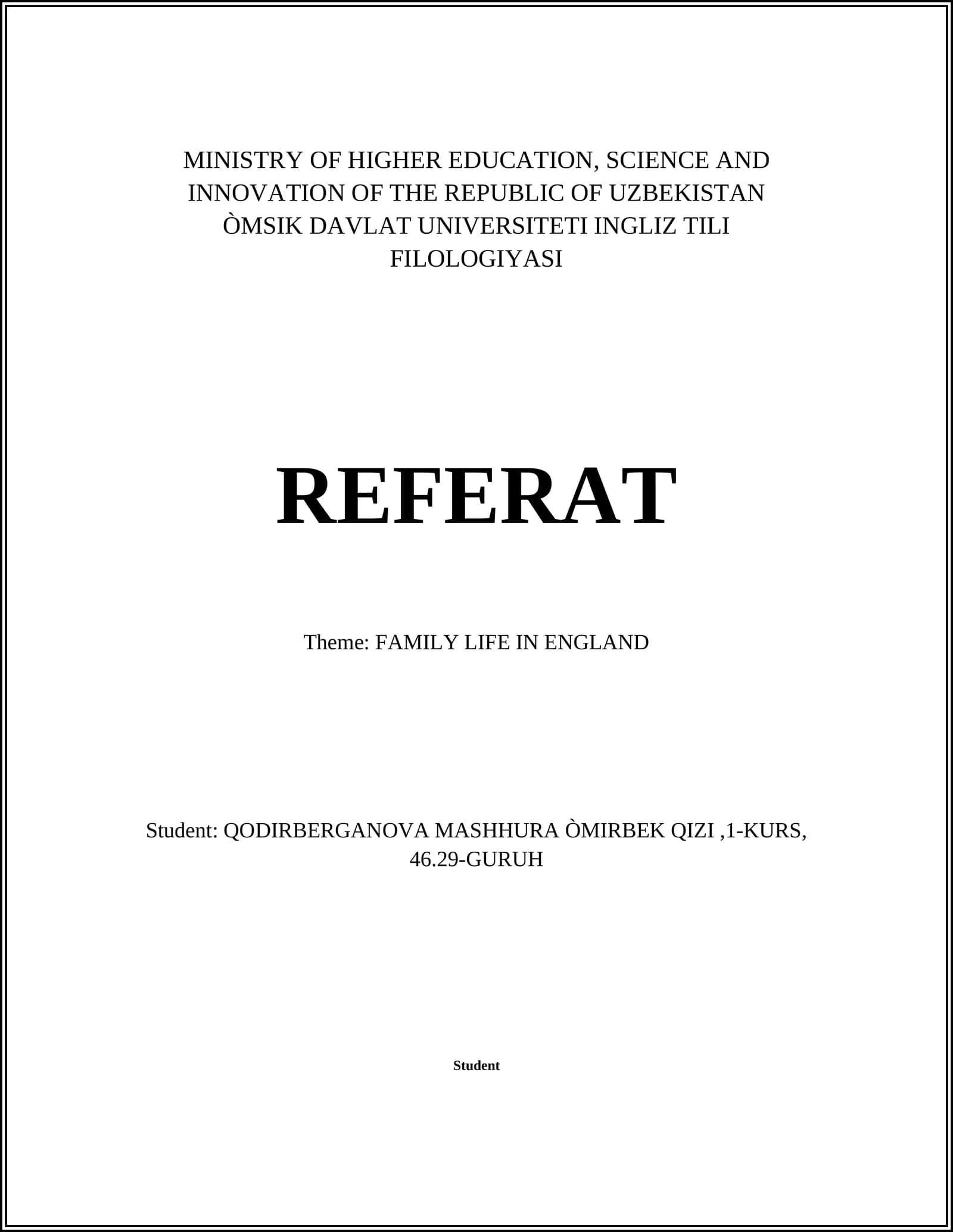 REFERAT: FAMILY LIFE IN ENGLAND