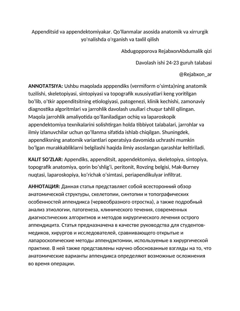 Appendiks va appendektomiya