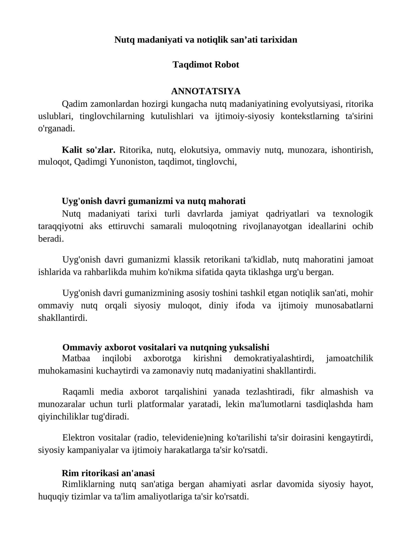 Nutq madaniyati va notiqlik sanʼati tarixidan
