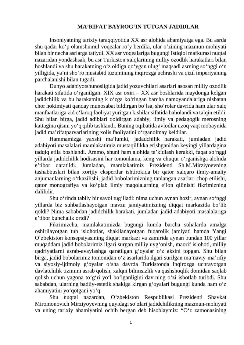 MA’RIFAT BAYROG‘IN TUTGAN JADIDLAR