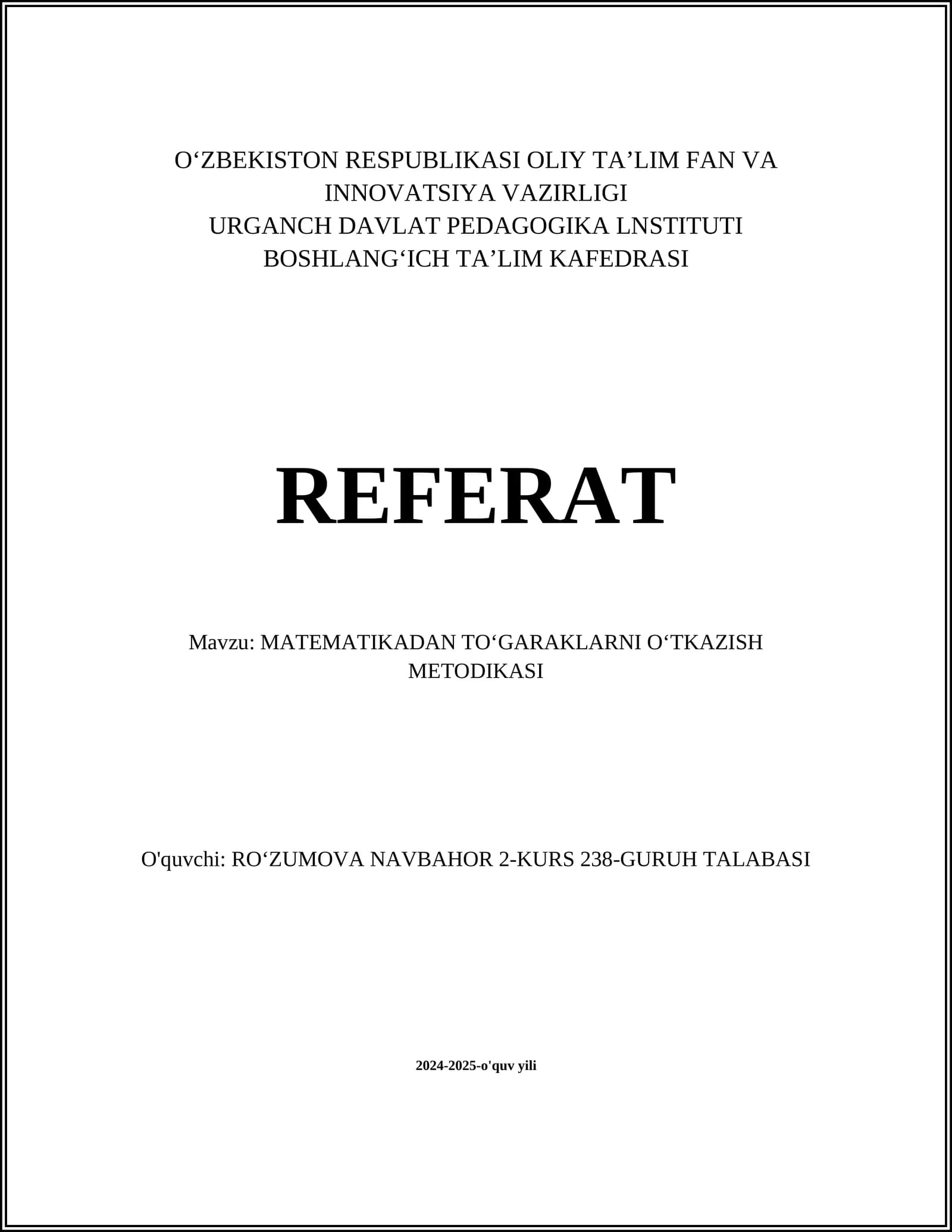 MATEMATIKADAN TOʻGARAKLARNI OʻTKAZISH METODIKASI