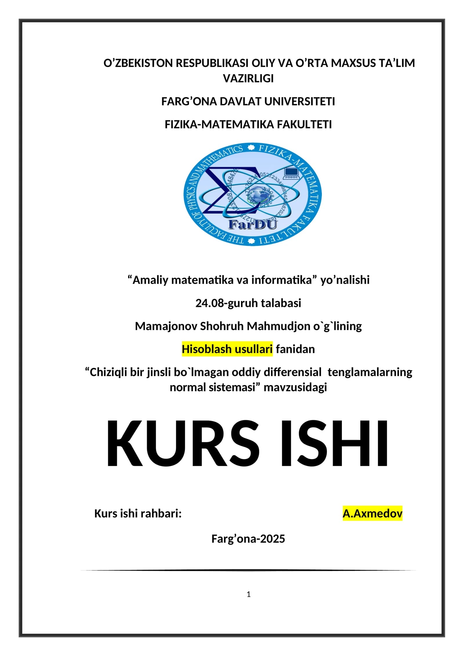 Chiziqli bir jinsli bo`lmagan oddiy differensial  tenglamalarning normal sistemasi”