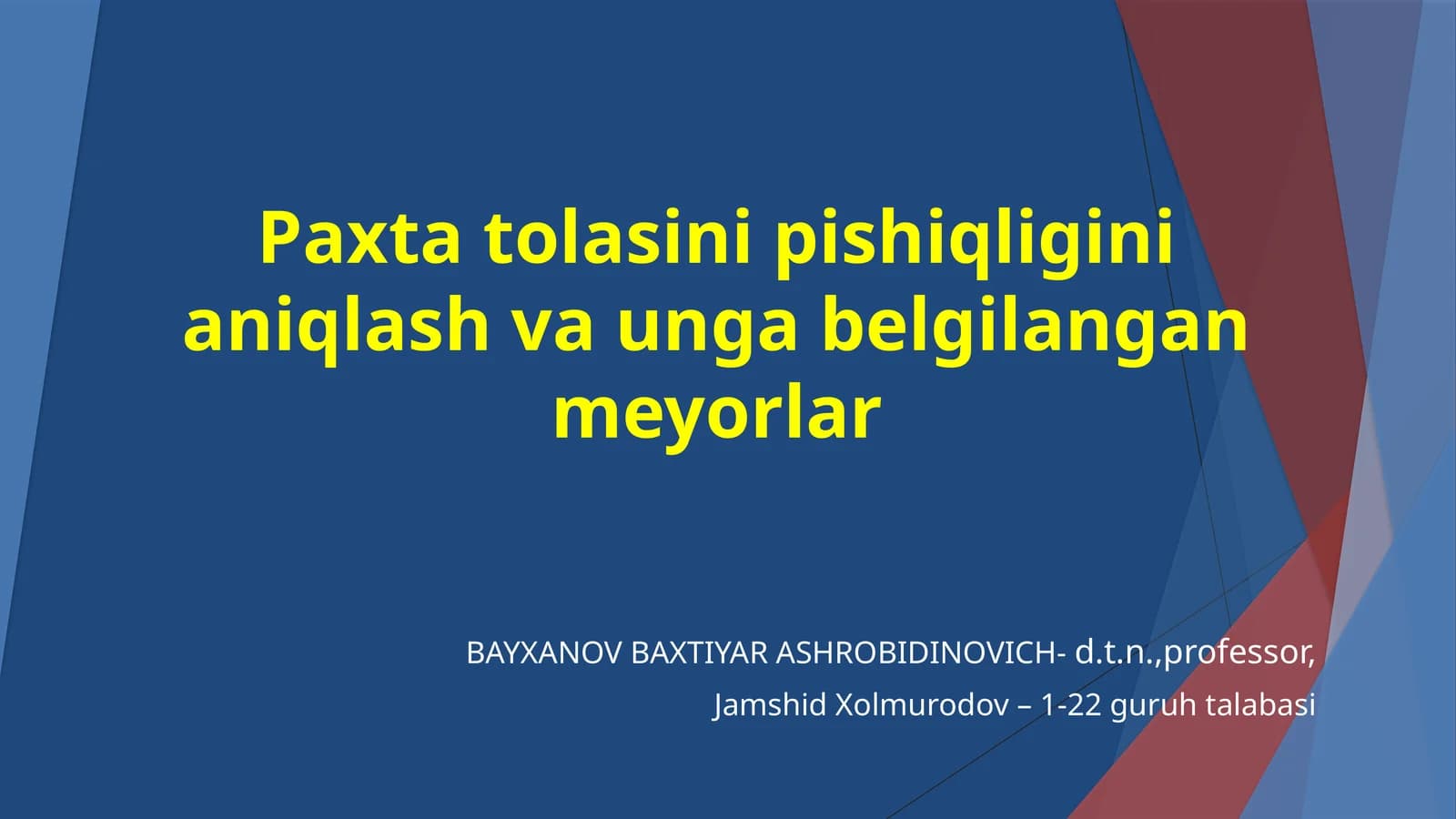 Paxta tolasini pishiqligini aniqlash va unga belgilangan meyorlar