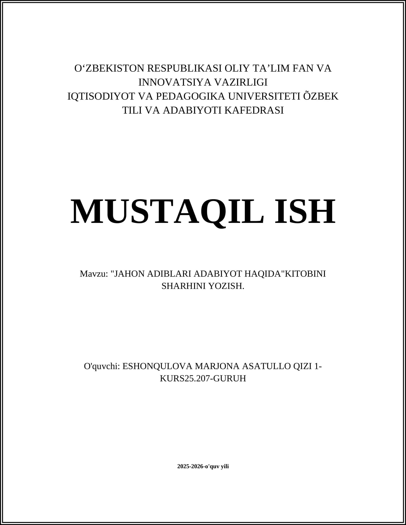 JAHON ADIBLARI ADABIYOT HAQIDA"KITOBINI SHARHINI YOZISH