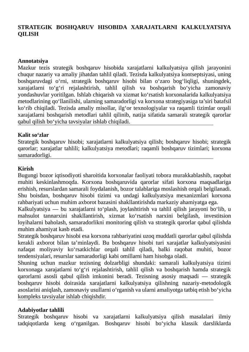 Strategik boshqaruv hisobida xarajatlarni kalkulyatsiya qilish