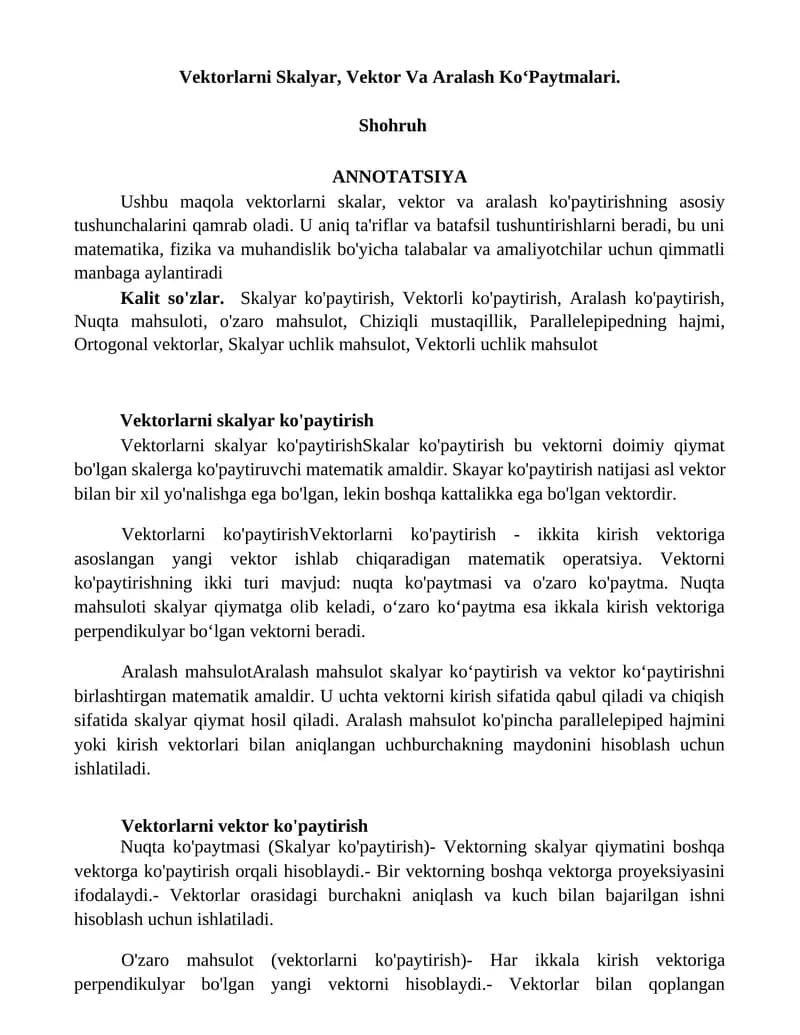Vektorlarni Skalyar, Vektor Va Aralash KoʻPaytmalari