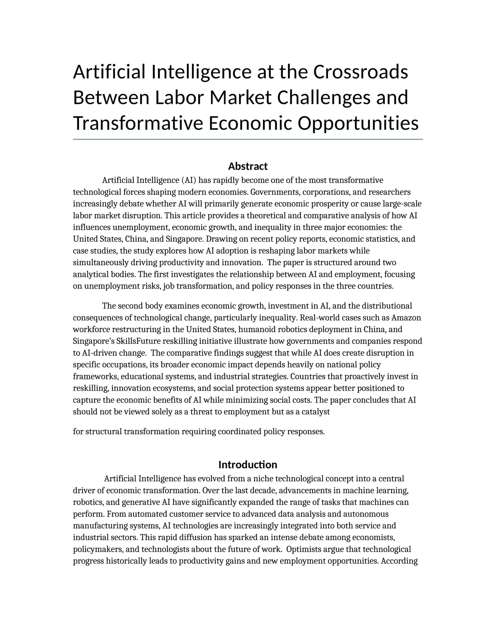 Artificial Intelligence at the Crossroads Between Labor Market Challenges and Transformative Economic Opportunities