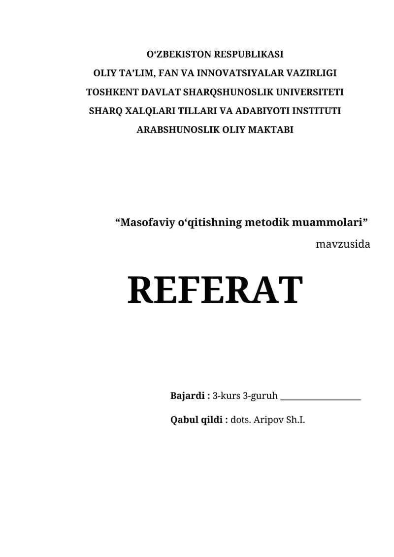 Masofaviy o‘qitishning metodik muammolari