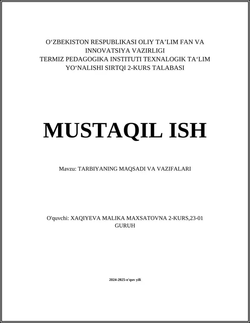 TARBIYANING MAQSADI VA VAZIFALARI