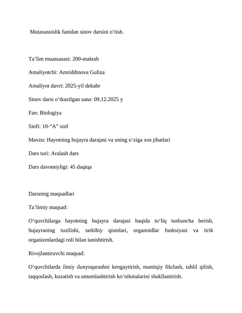 BIOLOGIYANI O`QITISH METODIKASI
