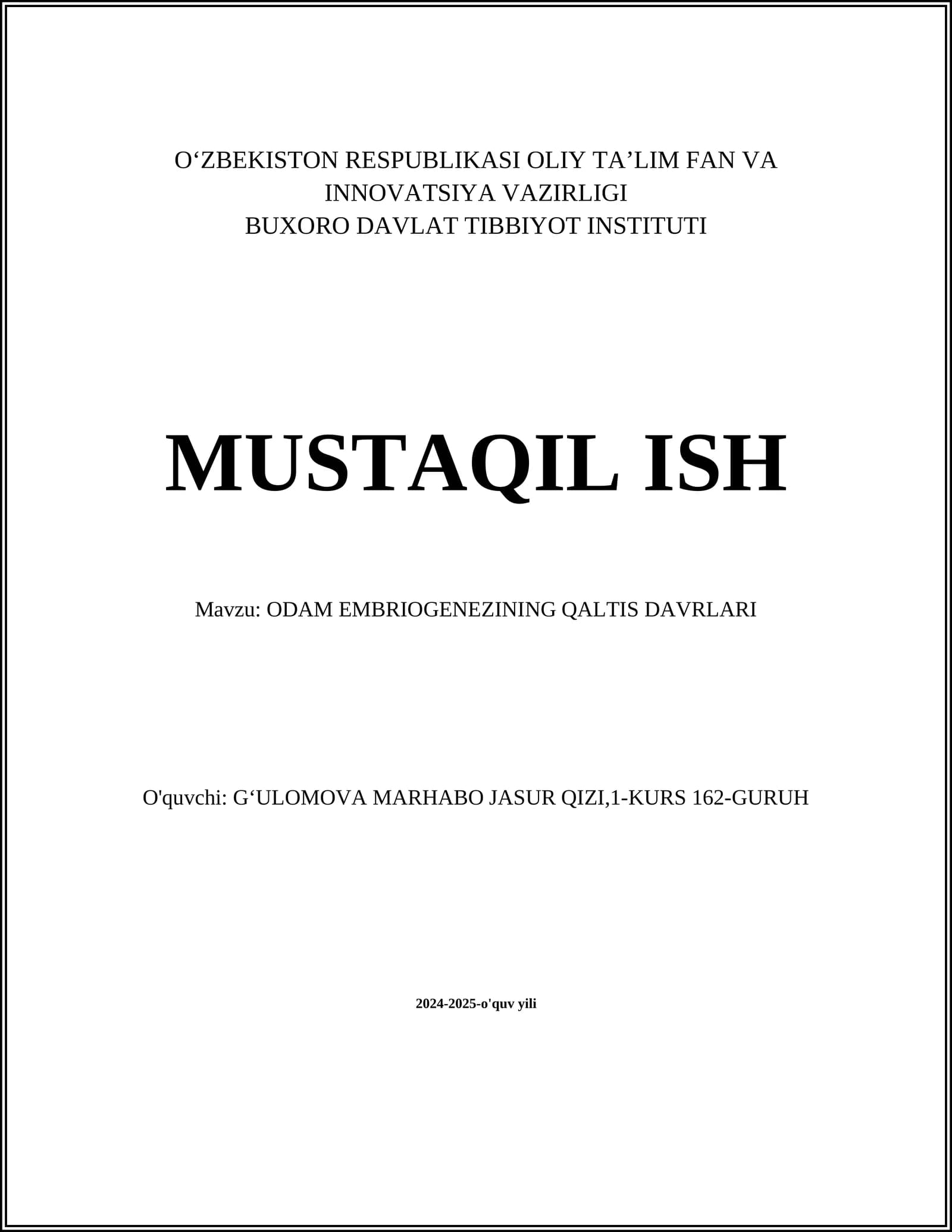 ODAM EMBRIOGENEZINING QALTIS DAVRLARI
