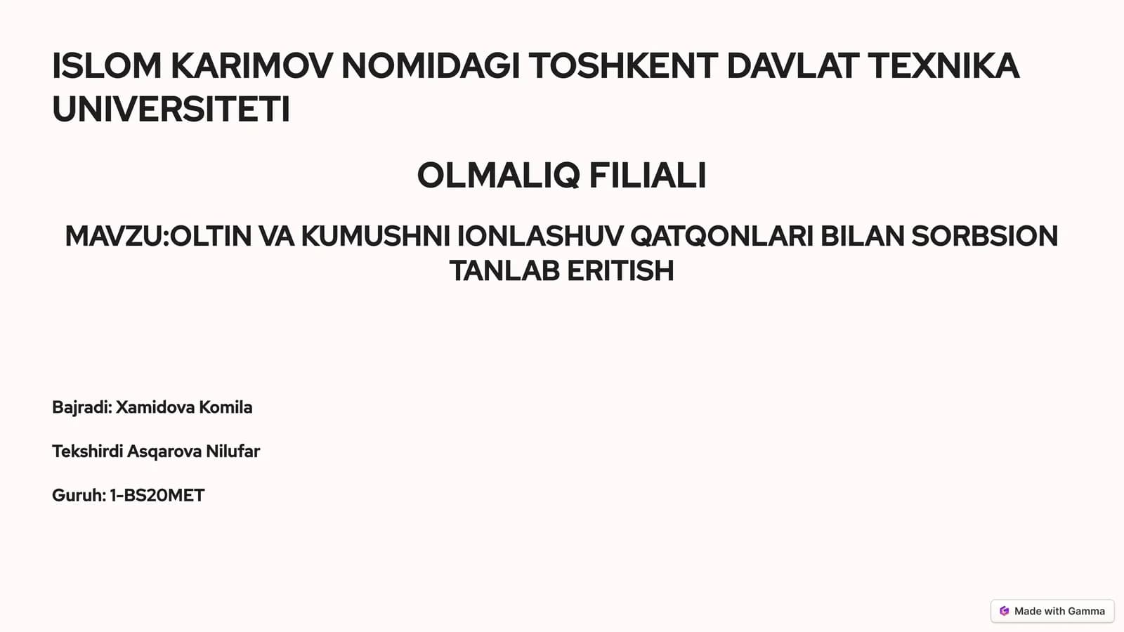 OLTIN VA KUMUSHNI IONLASHUV QATQONLARI BILAN SORBSION TANLAB ERITISH