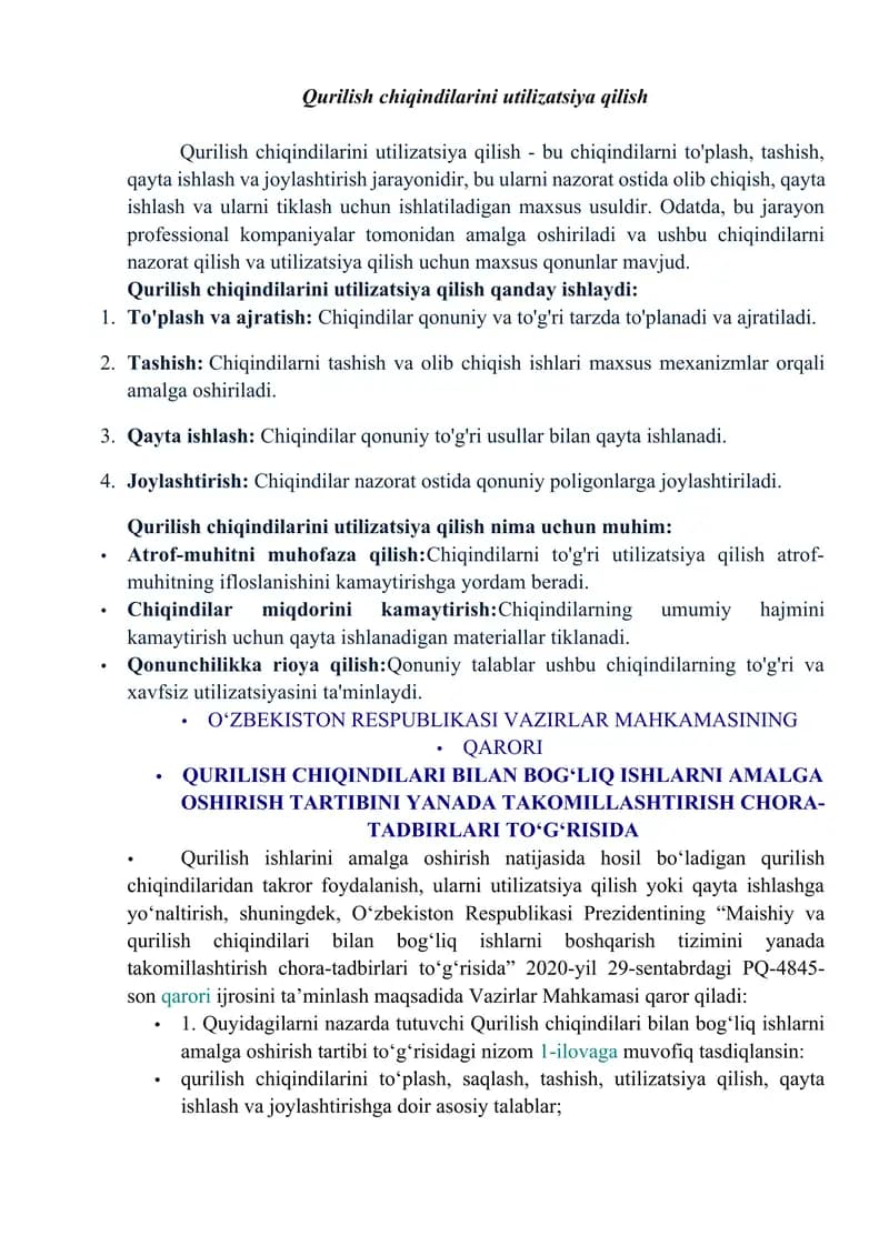 Qurilish chiqindilarini utilizatsiya qilish
