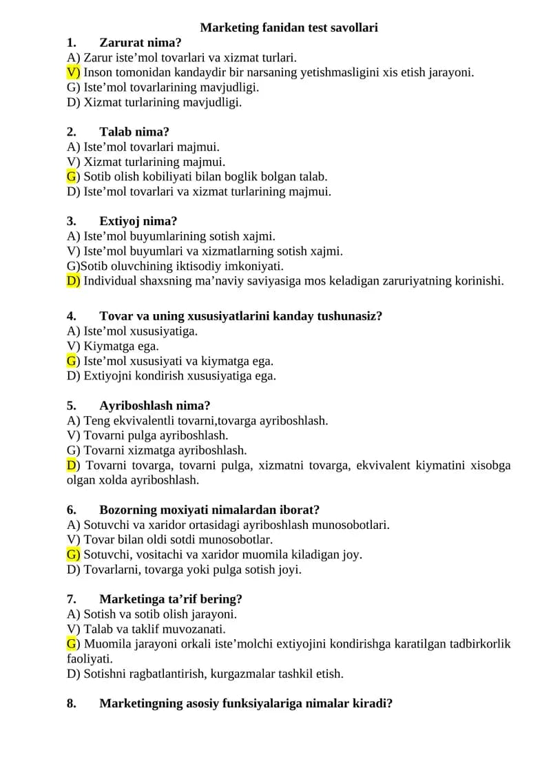 Marketing fanidan test savollari