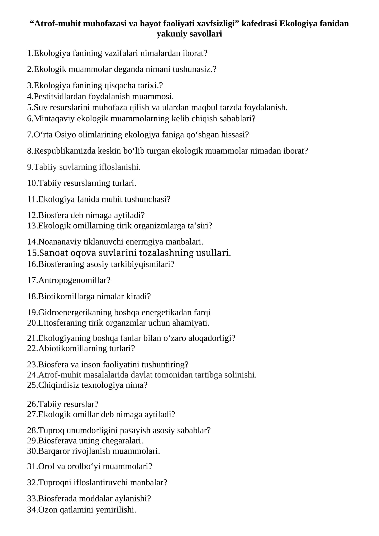 Ekologiya fanidan yakuniy savollari