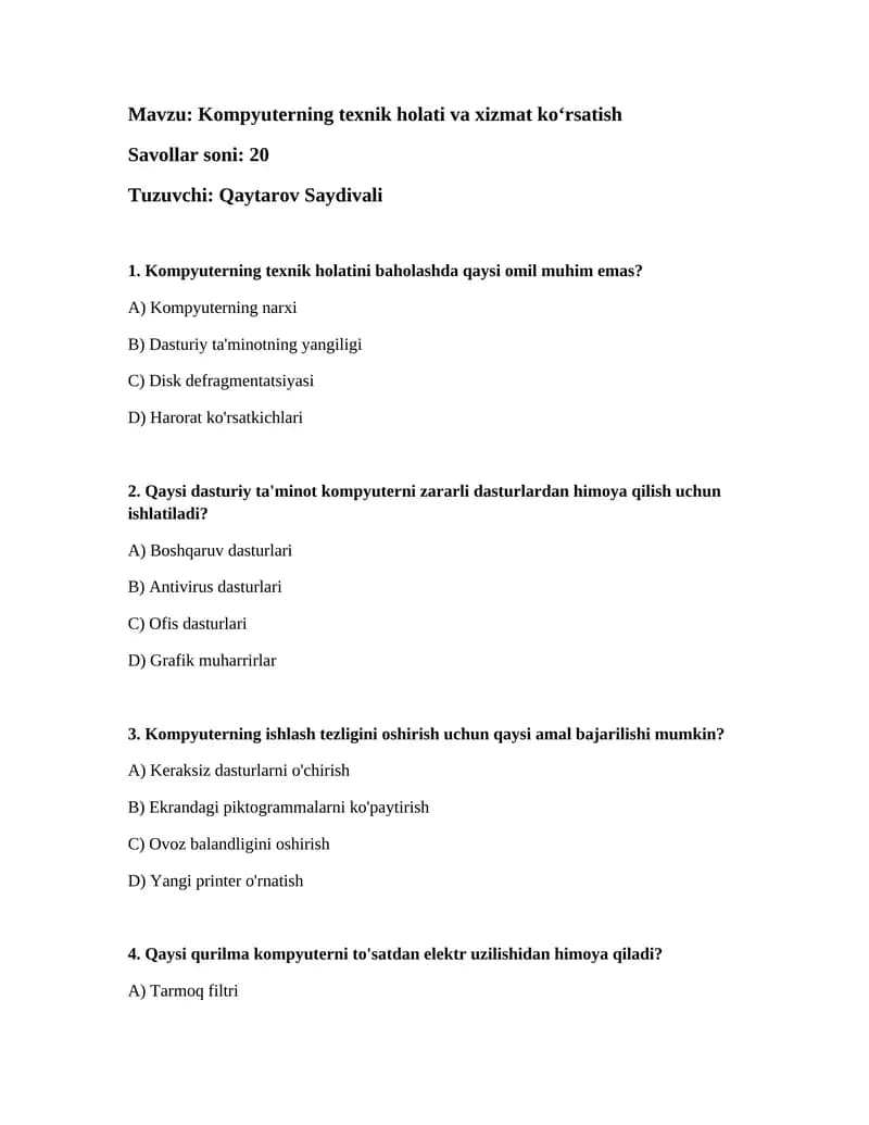 Kompyuterning texnik holati va xizmat koʻrsatish