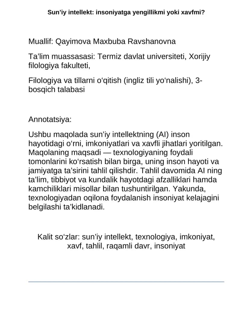 Sun’iy intellekt: insoniyatga yengillikmi yoki xavfmi?