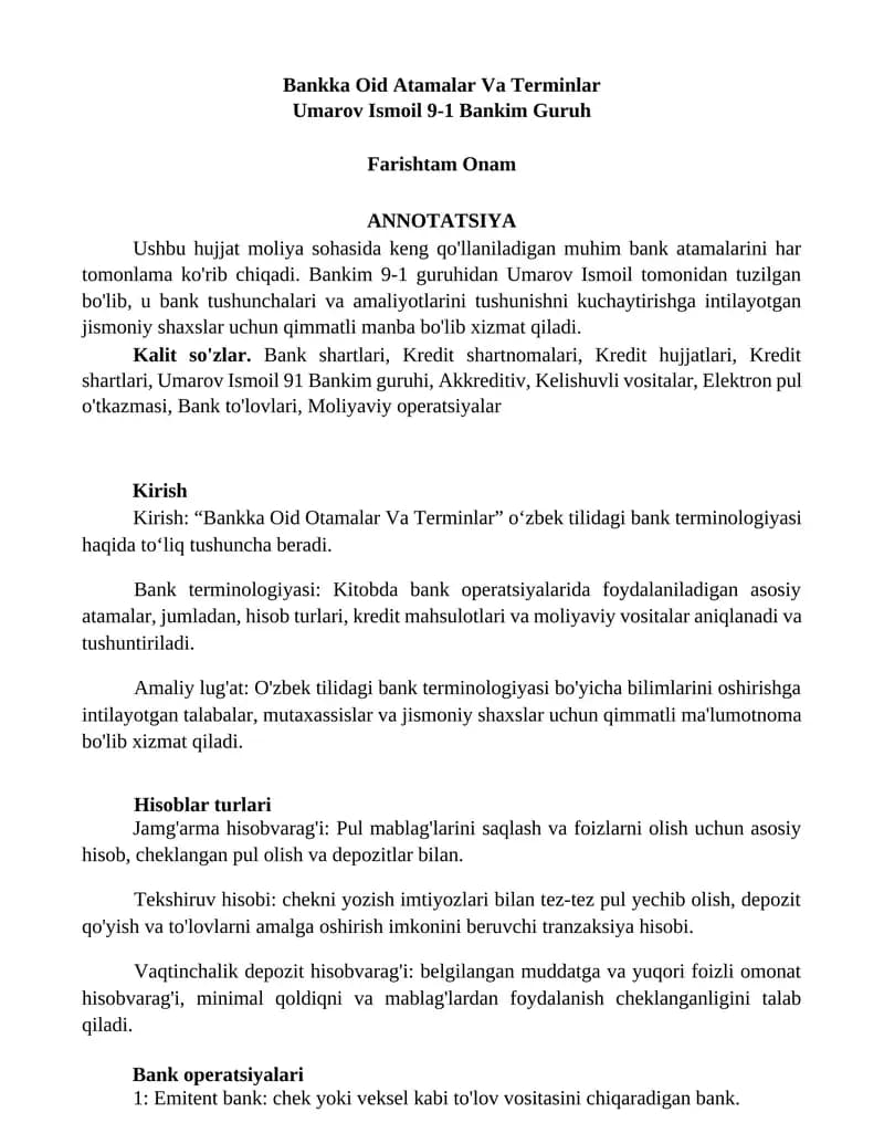 Bankka Oid Atamalar Va Terminlar