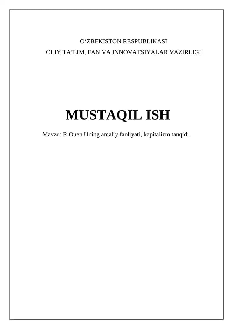 ﻿R.Ouen.Uning amaliy faoliyati, kapitalizm tanqidi