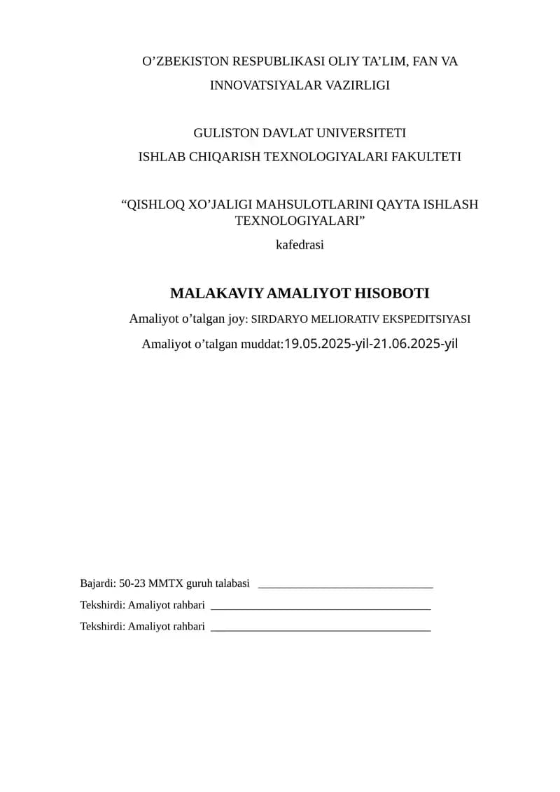 MALAKAVIY AMALIYOT HISOBOTI