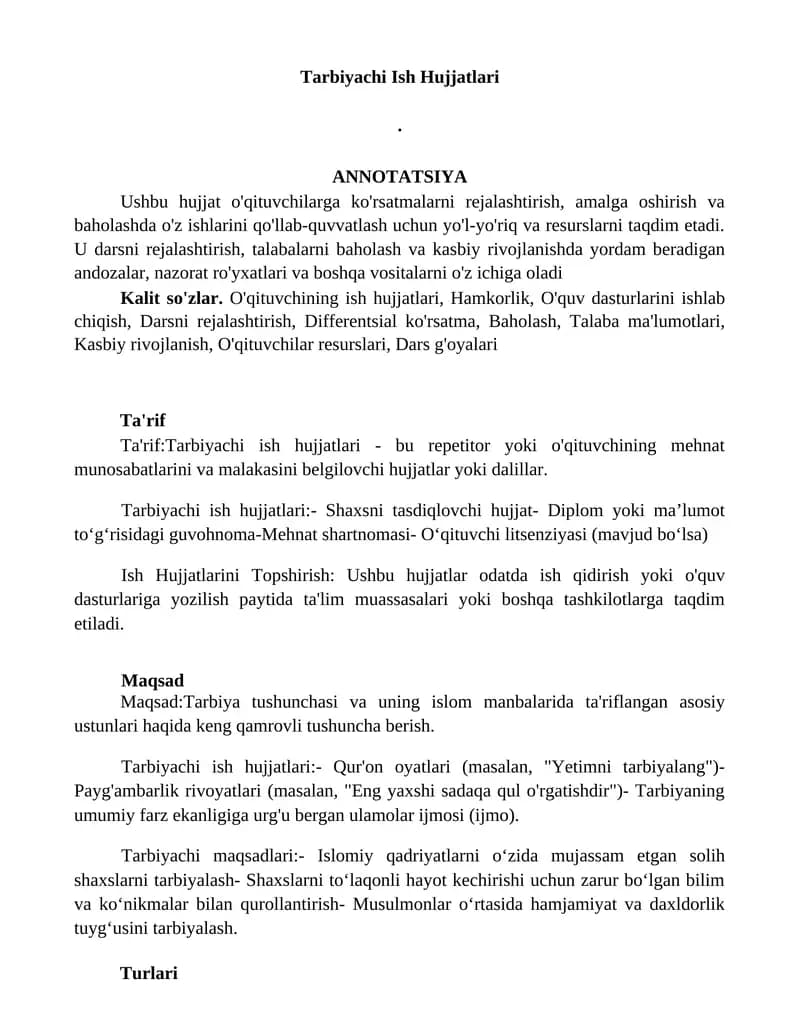 Tarbiyachi Ish Hujjatlari