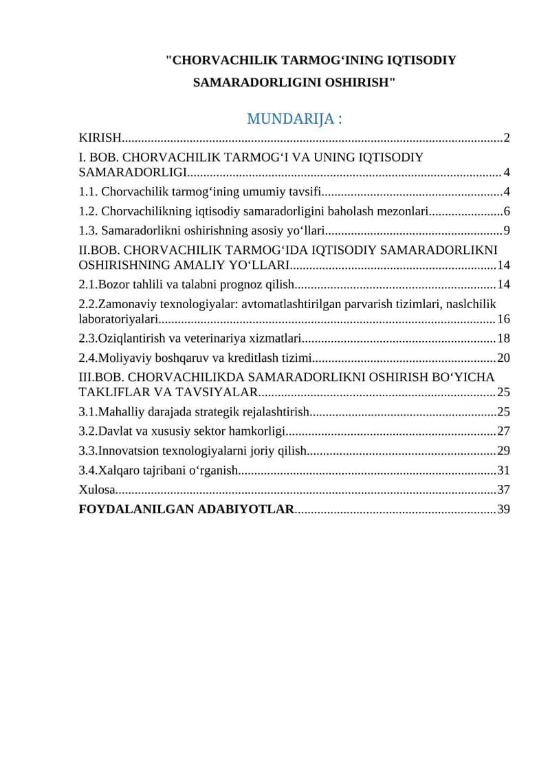 CHORVACHILIK TARMOG‘INING IQTISODIY SAMARADORLIGINI OSHIRISH