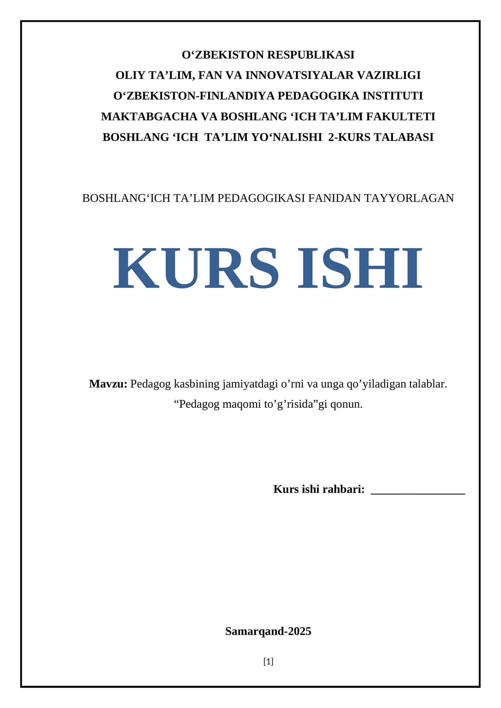 Boshlang ‘ich Ta’lim Pedagogikasi Fanidan Tayyorlagan Kurs Ishi