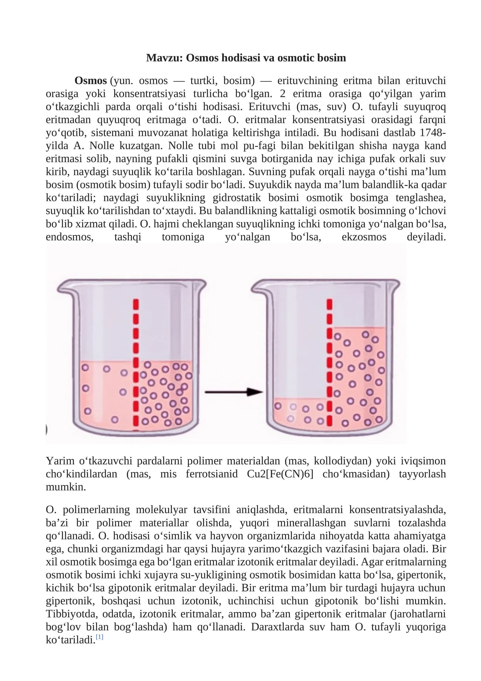 Osmos hodisasi va osmotic bosim