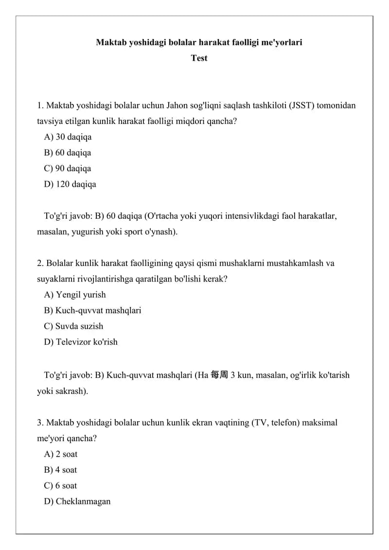 Maktab yoshidagi bolalar harakat faolligi me'yorlari test
