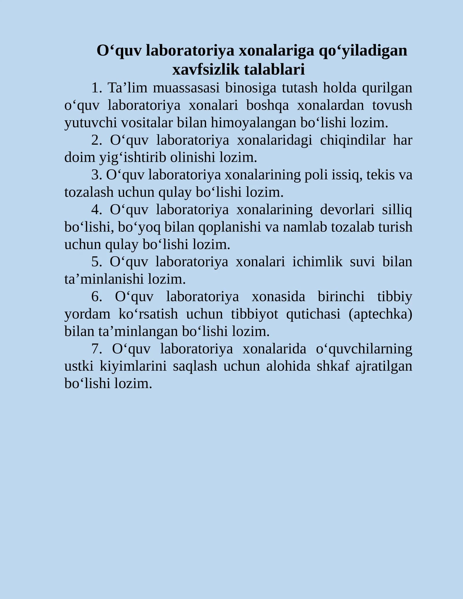 Texnika xavfsizligi qoidalari. BIOLOGIYA, KIMYO, FIZIKA laboratoriyalari uchun