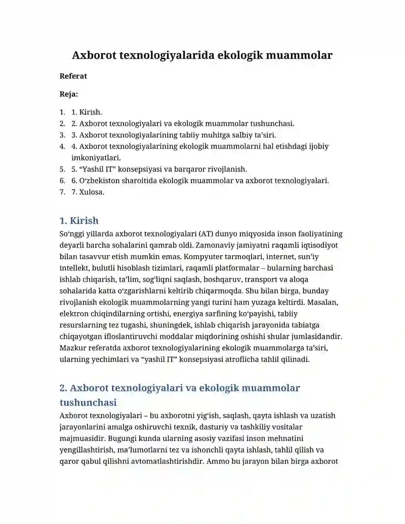 Axborot texnologiyalarida ekologik muammolar