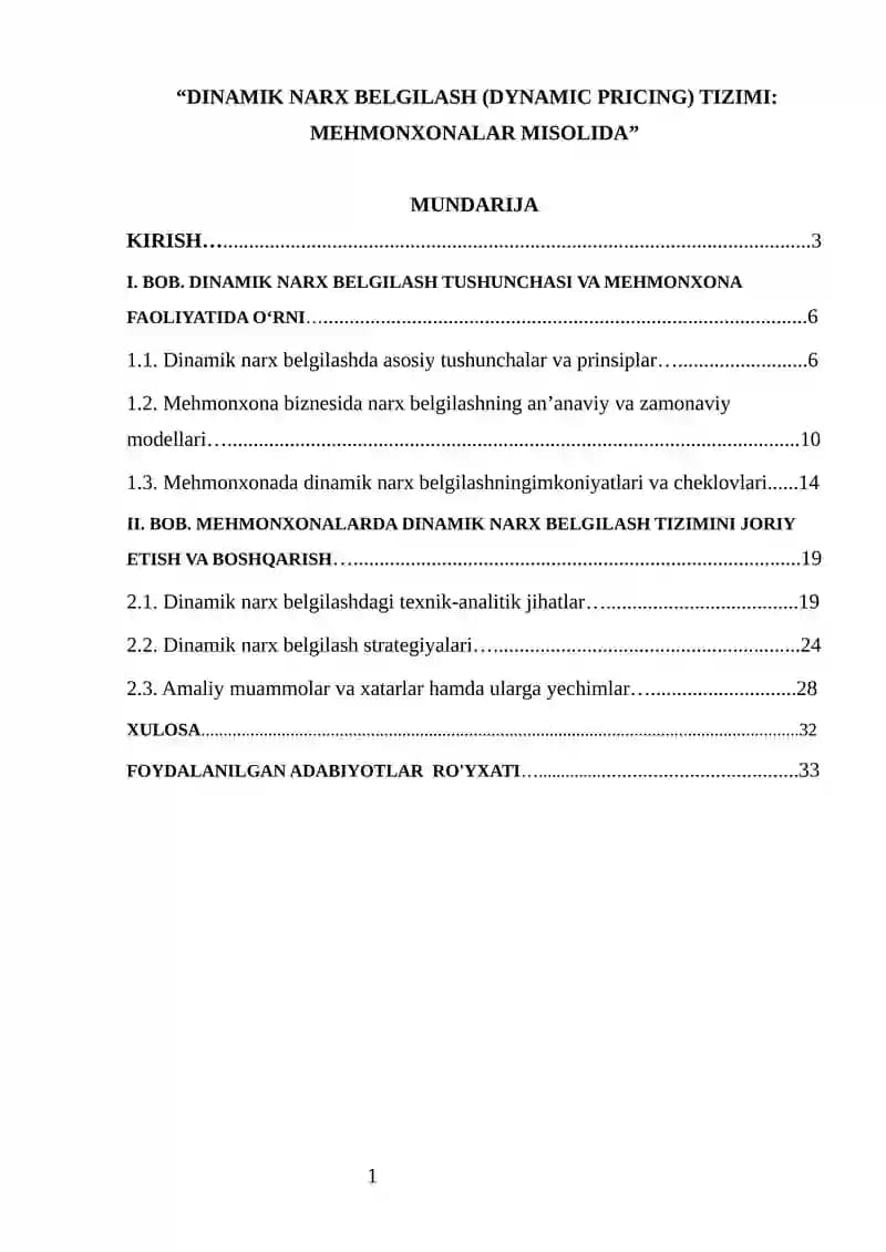 “DINAMIK NARX BELGILASH (DYNAMIC PRICING) TIZIMI: MEHMONXONALAR MISOLIDA”