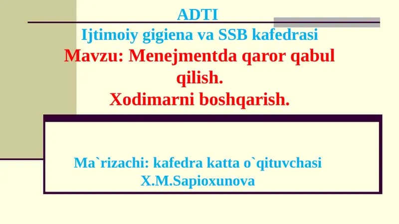 ADTIIjtimoiy gigiena va SSB kafedrasi