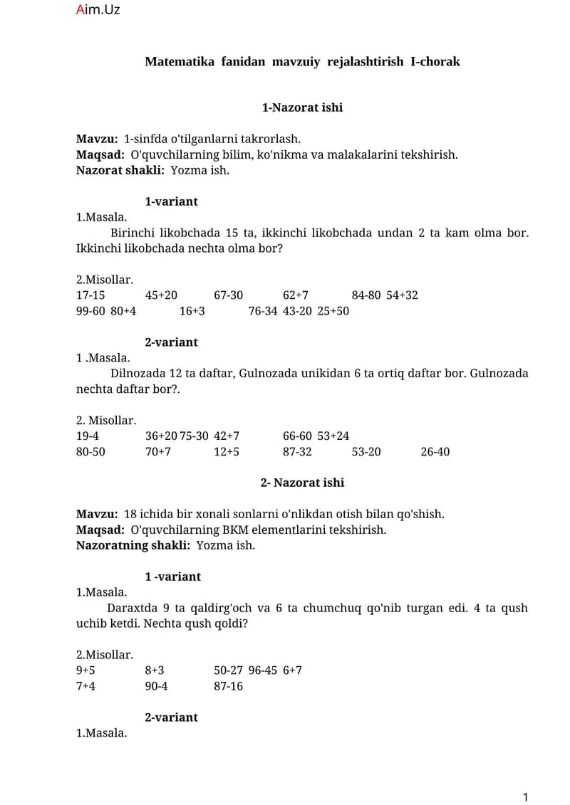Matematika fanidan mavzuiy rejalashtirish I-chorak