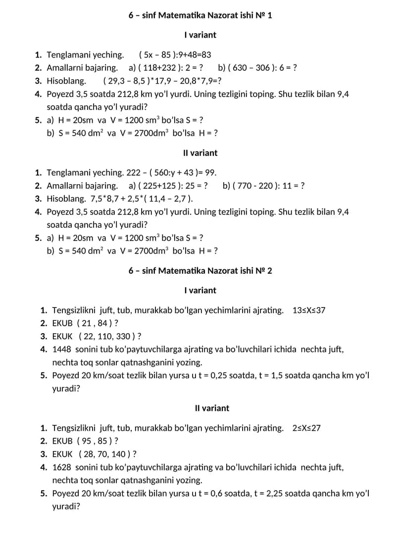 6-SINF MATEMATIKA YOZMA ISH