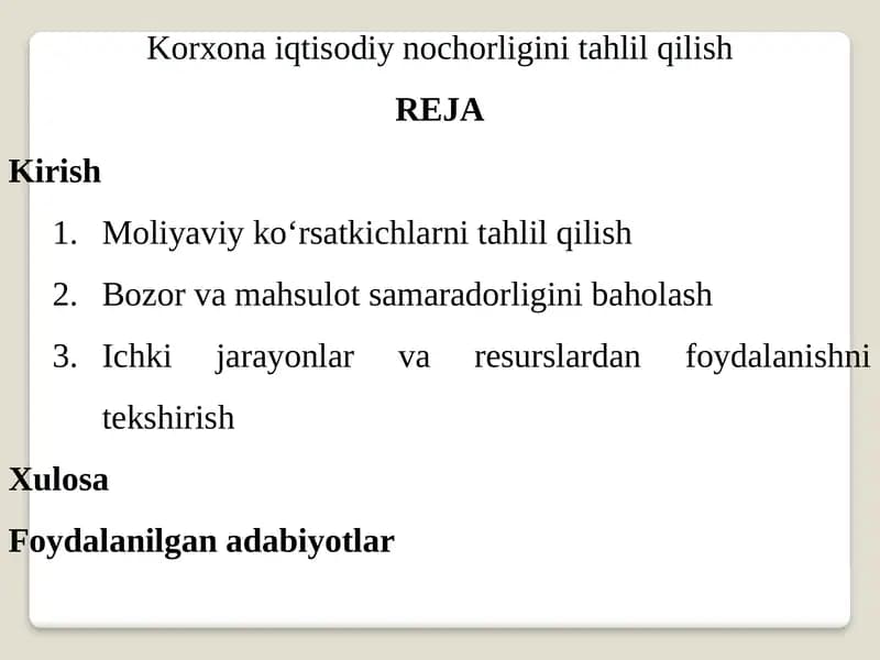 Korxona iqtisodiy nochorligini tahlil qilish