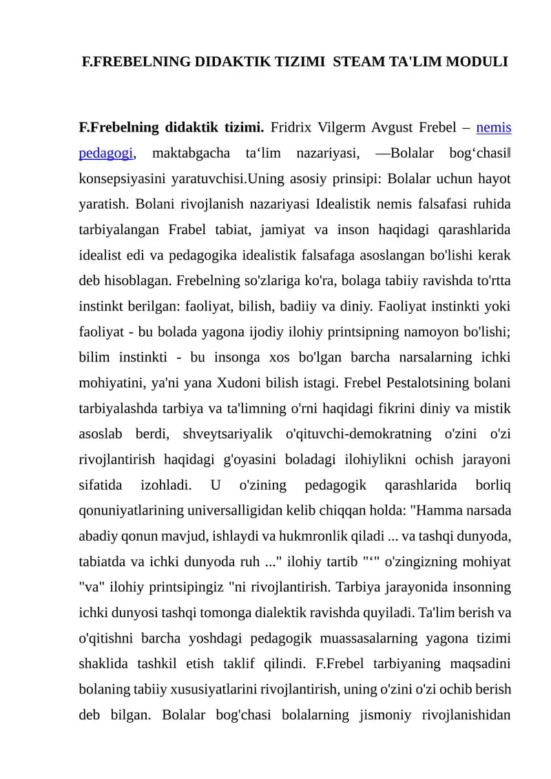 F.FREBELNING DIDAKTIK TIZIMI STEAM TA'LIM MODULI