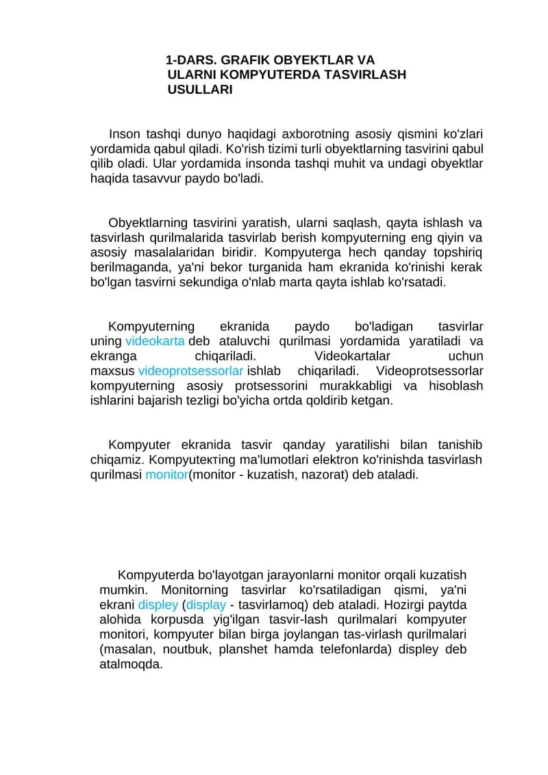 GRAFIK OBYEKTLAR VA ULARNI KOMPYUTERDA TASVİRLASH USULLARI