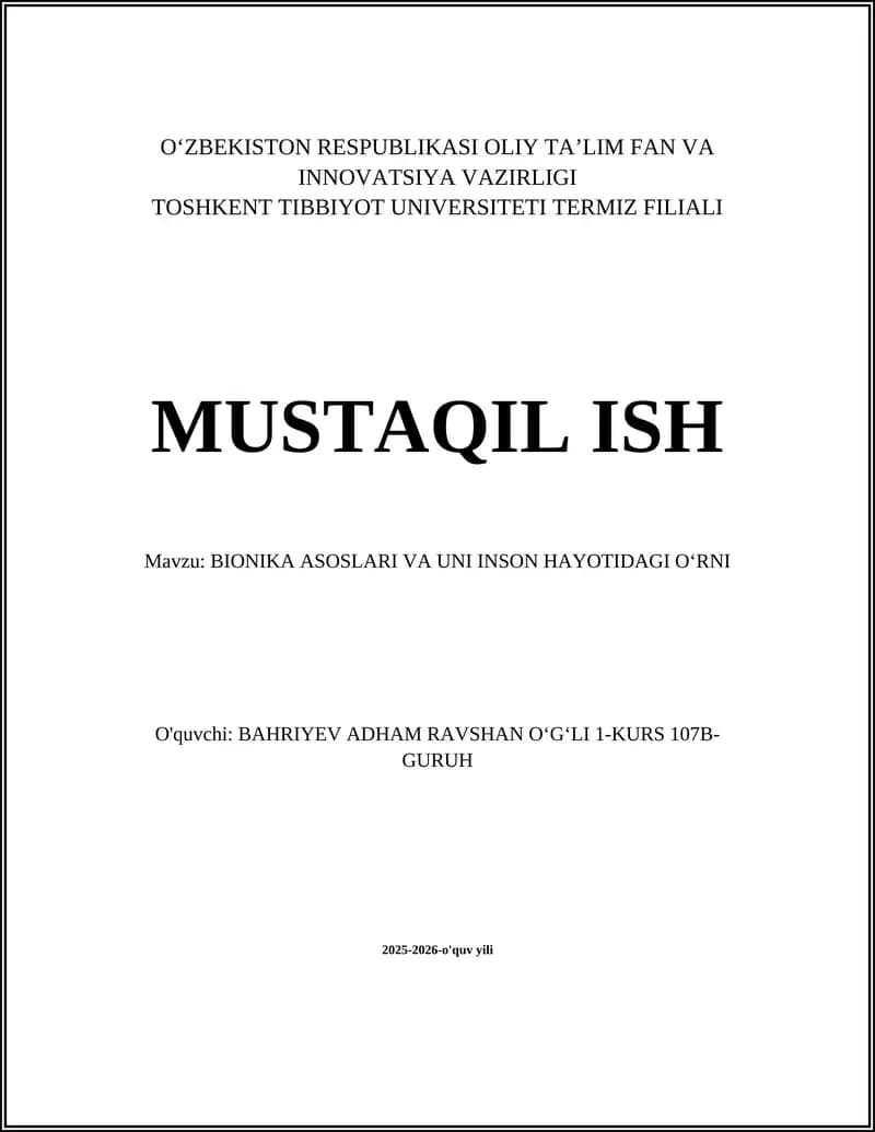 BIONIKA ASOSLARI VA UNI INSON HAYOTIDAGI OʻRNI