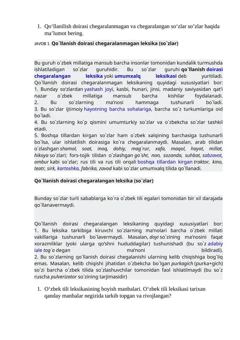 Qo‘llanish Doirasi Chegaralanmagan So‘zlar